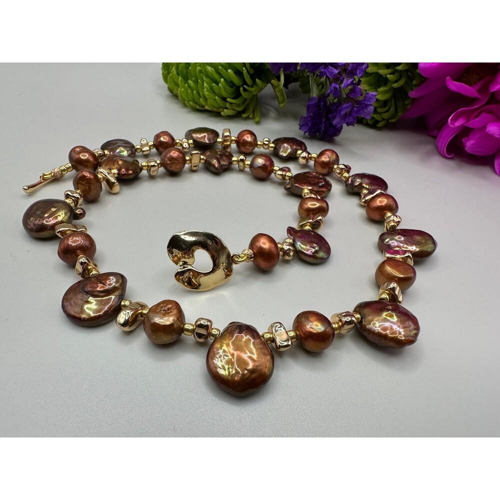 Chocolate brown baroque coin pearl choker, AAA quality freshwater, 18K gold plat